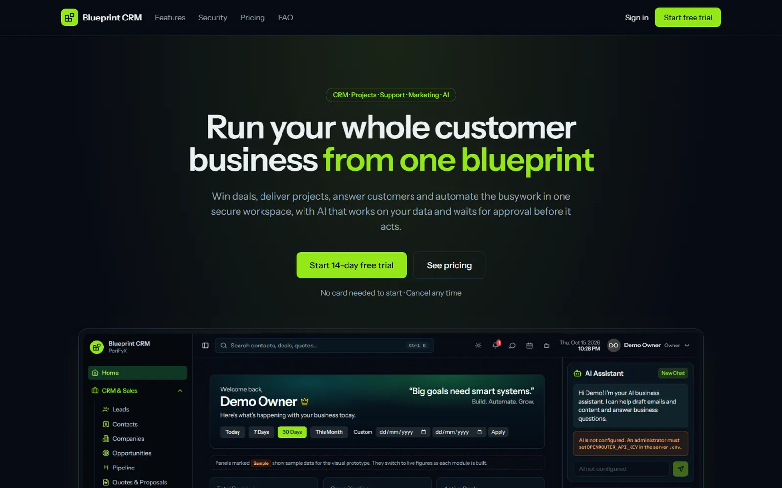 Blueprint CRM: Landing page