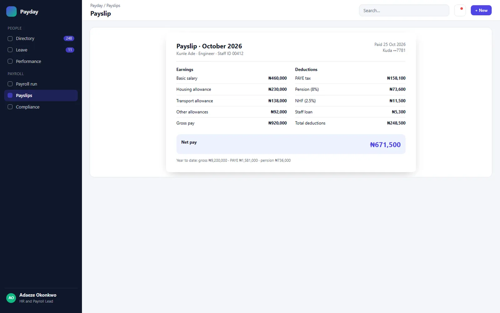 Payday HR and Payroll: Payslip