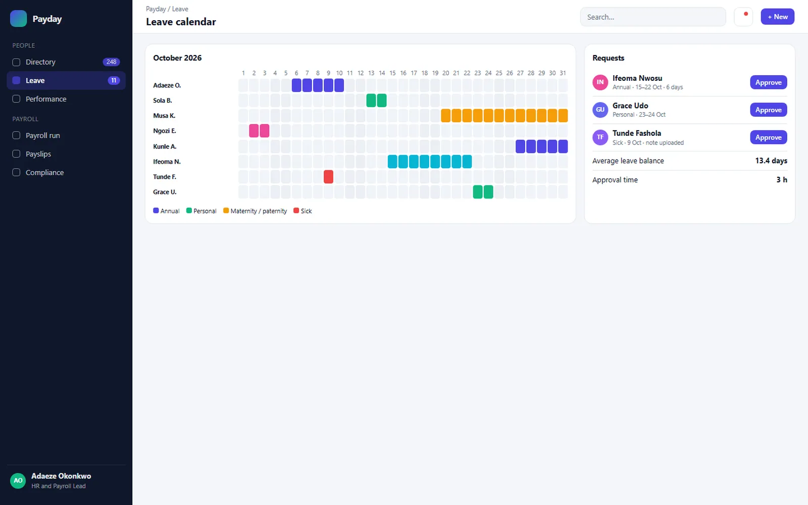 Payday HR and Payroll: Leave calendar