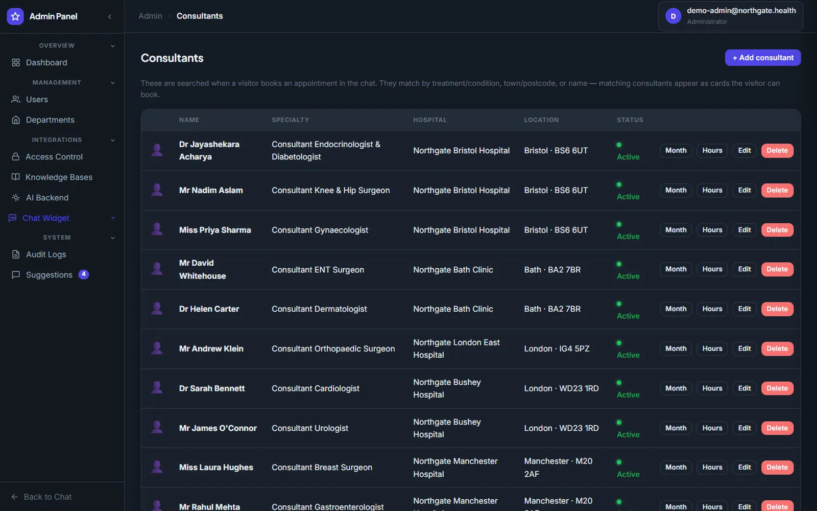 AI Knowledge Base and Appointments Platform: Consultant directory