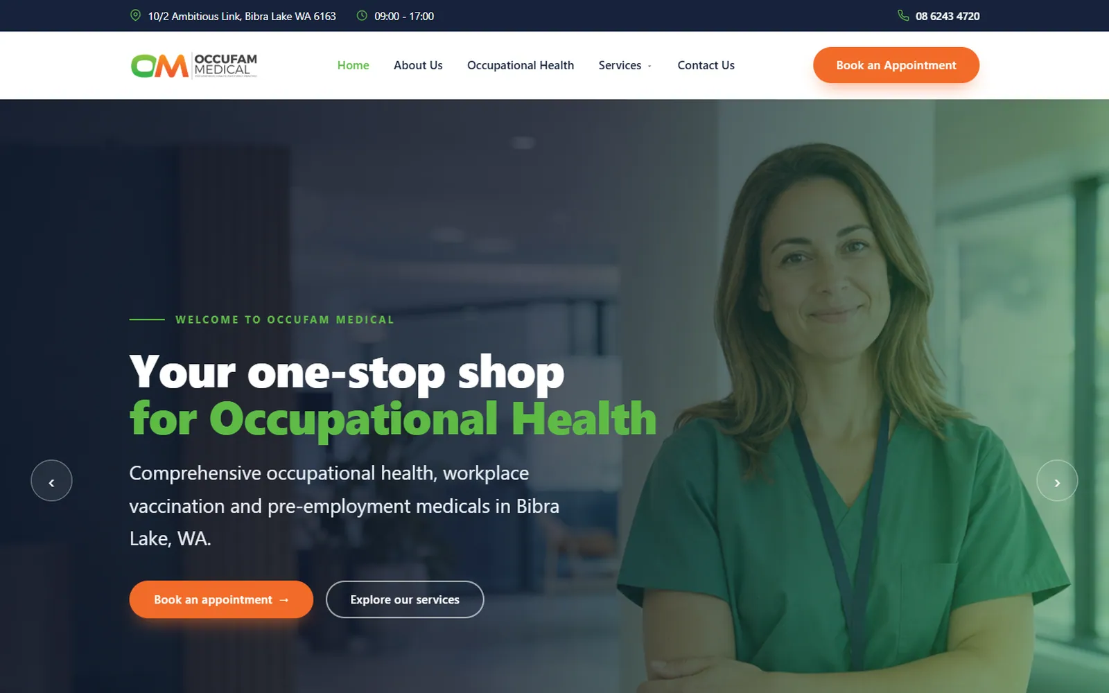 Occufam Medical Website: Home page hero