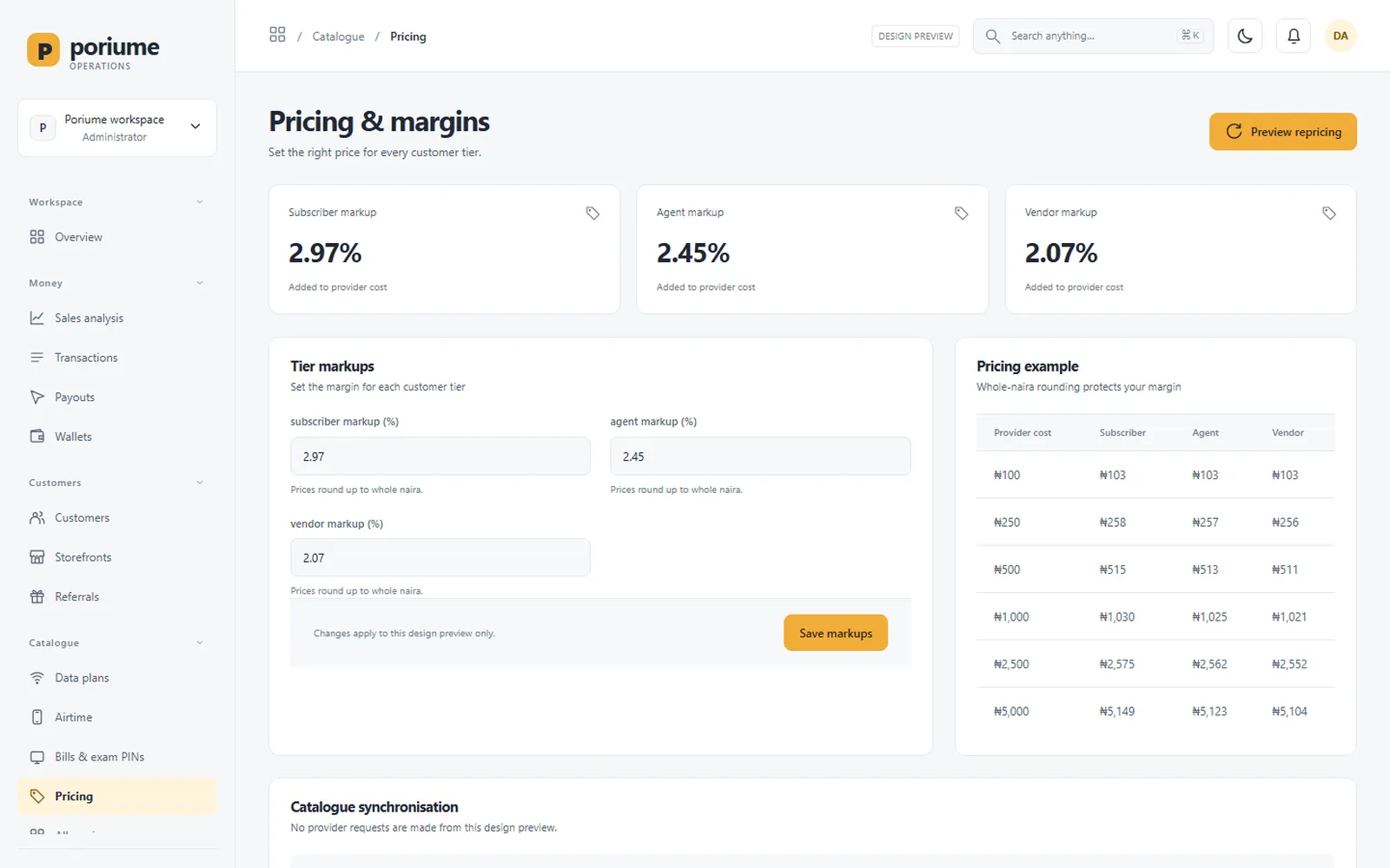 Poriume VTU Platform: Admin: Pricing
